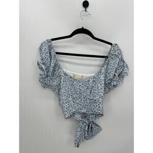 Altar'd State Crop Top Women Large Blue Microfloral Milkmaid Summer Tie Back